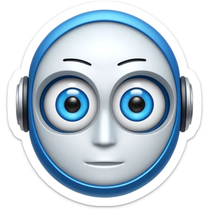 “Um robô branco e azul, com olhos digitais grandes, jeito atrapalhado e aparência muito fofa.” sticker