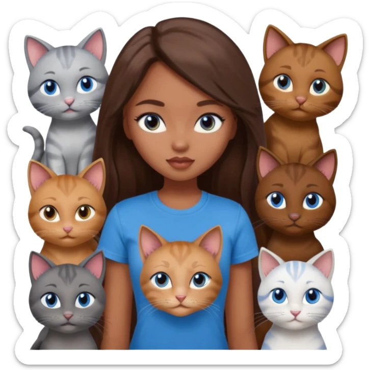 a pretty bratz dusky girl with long brown hair, blue eyes with six cats nd wearing a grey tshirt sticker
