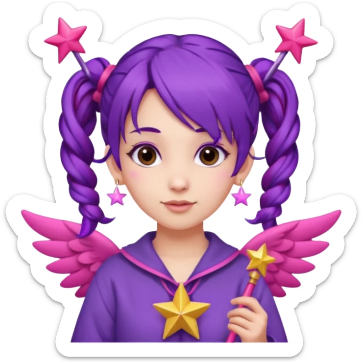 Create an emoji of a fairy-like woman with purple hair tied into two pigtails, red stars in her hair, wearing a pink outfit and pink wings. She is holding a pink star-shaped wand and wearing purple circular earrings. sticker