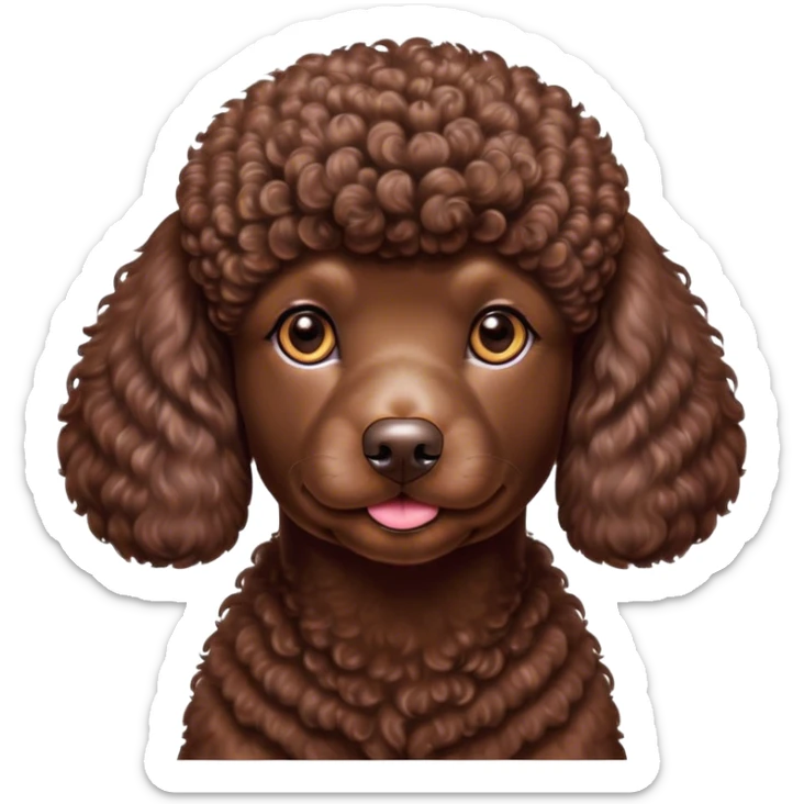 Cinematic Noble Chocolate Poodle Portrait Emoji, Poised and regal, with a refined, elegant build and a meticulously groomed, curly chocolate Fur, deep-set soulful brown eyes, Simplified yet sharp and sophisticated features, highly detailed, glowing with a soft, dignified glow, high shine, intelligent and graceful, stylized with an air of sophistication, focused and attentive, soft glowing outline, capturing the essence of a watchful and confident companion, so majestic it feels as though it could prance out of the screen with effortless authority! sticker