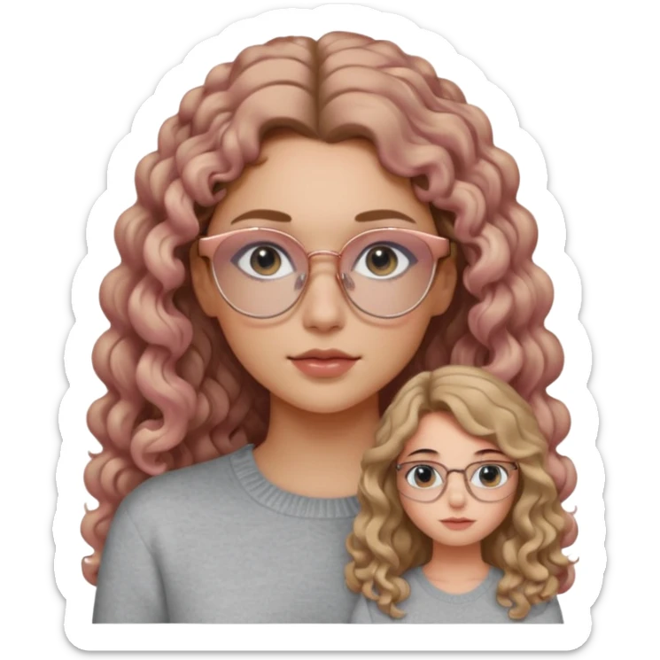 aesthetic white girl with dark blonde, long curly hair , in front of the girl's sholders and black eyes  , light grey sweater top and rose gold glasses sticker