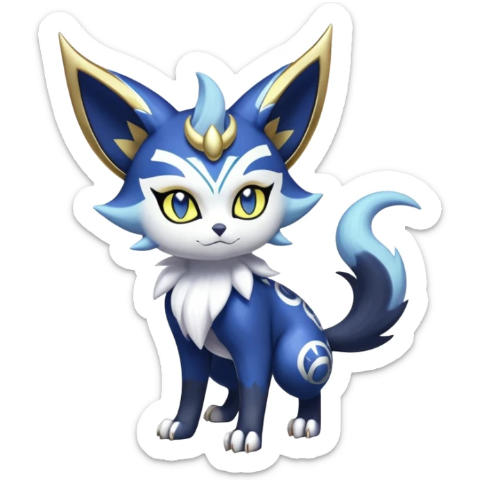 Shiny mExotic Badass Colorfulj Ethereal Royal Mysterious Gothic Meowstic-Zorua-Noibat-Pokémon-Fakémon-hybrid-creature (full body) with pattern-markings with golden eyes sticker