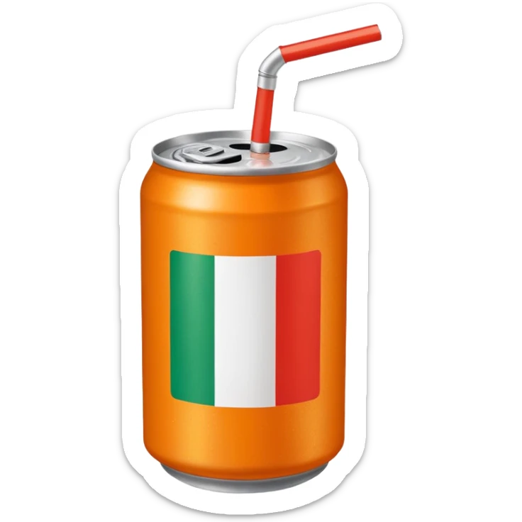 A drink can, orange, with the italian flag. With a straw coming out of it striped white and red  sticker