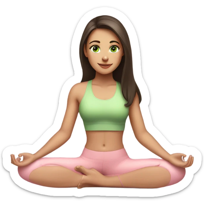 Dark brown long hair and green eyes yoga beautiful girl in light pink pink pink clothes sitting on a yoga mat sticker