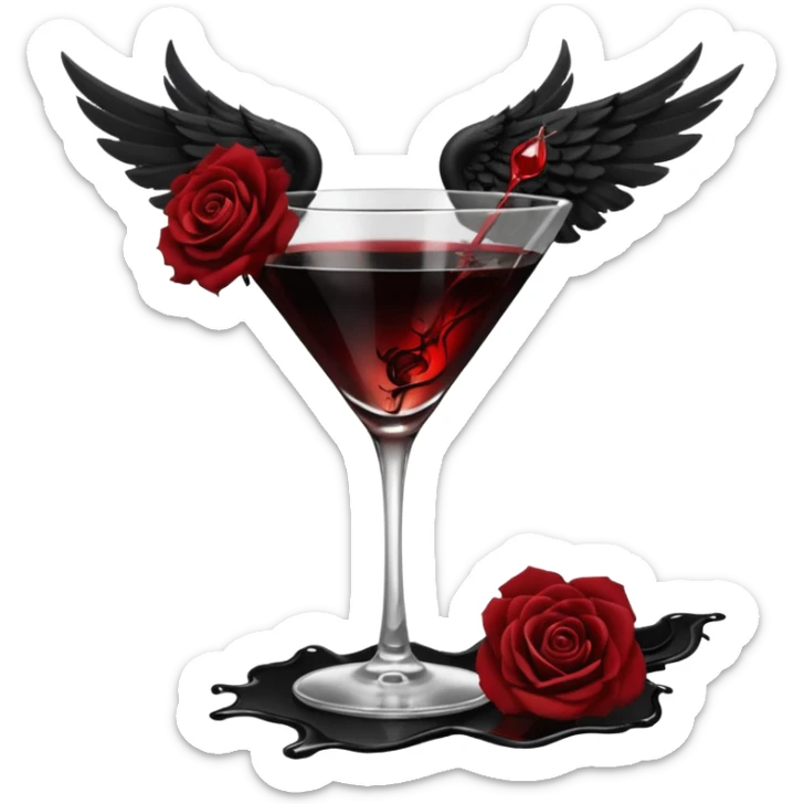🍸+🍹🖤+🌹 (the liquid is black and one glass with black fallen angel wings)  sticker