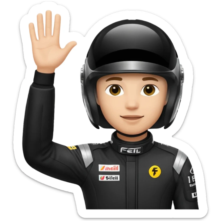 A red-bull f1 driver wearing the f1 black suit and helmet raising his hand as he celebrate sticker