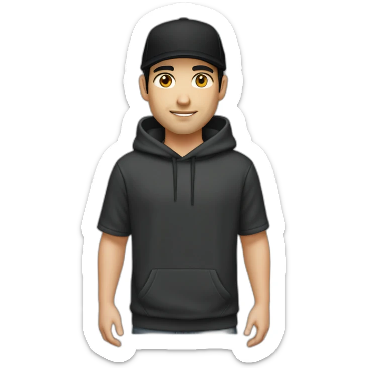 Male caucasian Designer With black hair wearing flat bill hat and black hoodie sticker