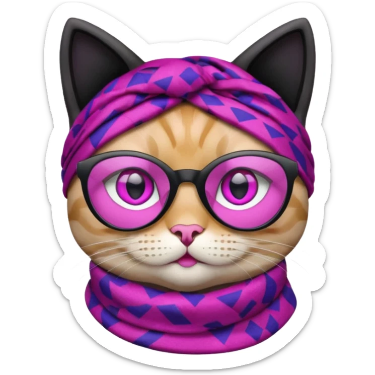 Apple Emoji-style cat head with black fur, tinted purple glasses, pink scarf with a geometric pattern, and large pink eyes. The emoji should only feature the cat's head with no additional body parts. sticker