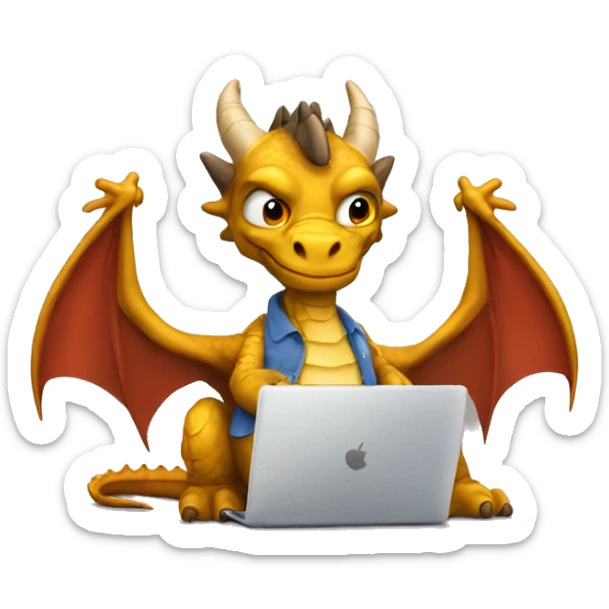 dragon with wings, working on a laptop, wearing a shirt with the words hump day on it, with a cup of coffee in his right hand sticker