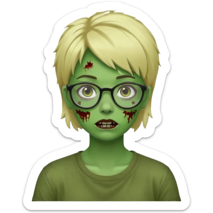 a green girl masc zombie with glasses and short blonde hair like a mullet sticker
