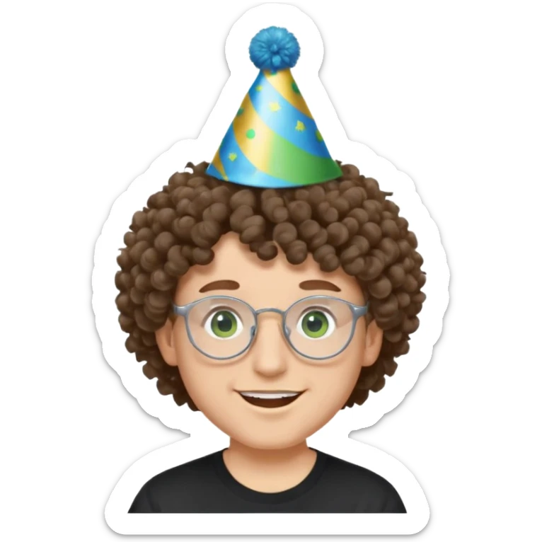 A white guy with curly brown hair and green eyes with a happy face, and wear square glasses.He’s also got a full silver birthday party hat on his head with blue pom poms on top of it, and his T-shirt is all black, he wears a little gold circle earrings on his left  sticker