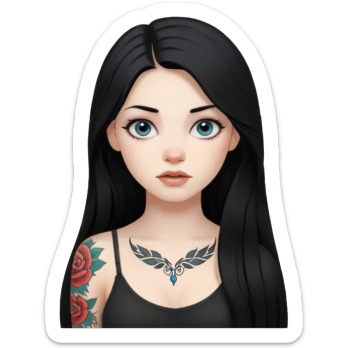 an ios genmoji for a fair girl with black long hair  tattooed, beautiful girl sticker