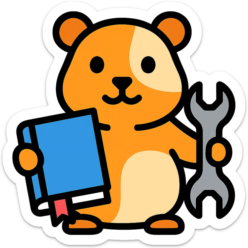 guinea pig (cavia) holding a wrench, fixing a book, color outline icon sticker