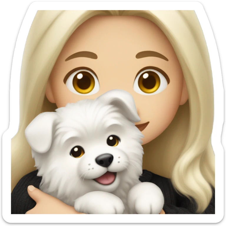 blonde girl with long hair in a black sweater holds a Samoyed puppy in her arms sticker