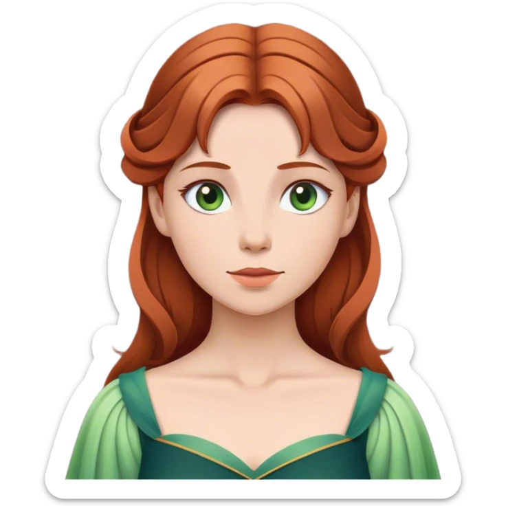 Cinematic Serene Sleeping Beauty Portrait Emoji, rendered in a simplified vector style. Depict a gentle Aurora (chest and above) with fair, glowing skin and softly cascading auburn hair, her expression calm and reflective, dressed in her timeless attire. The image exudes a soft, warm radiance with high shine and a subtle glowing outline. sticker