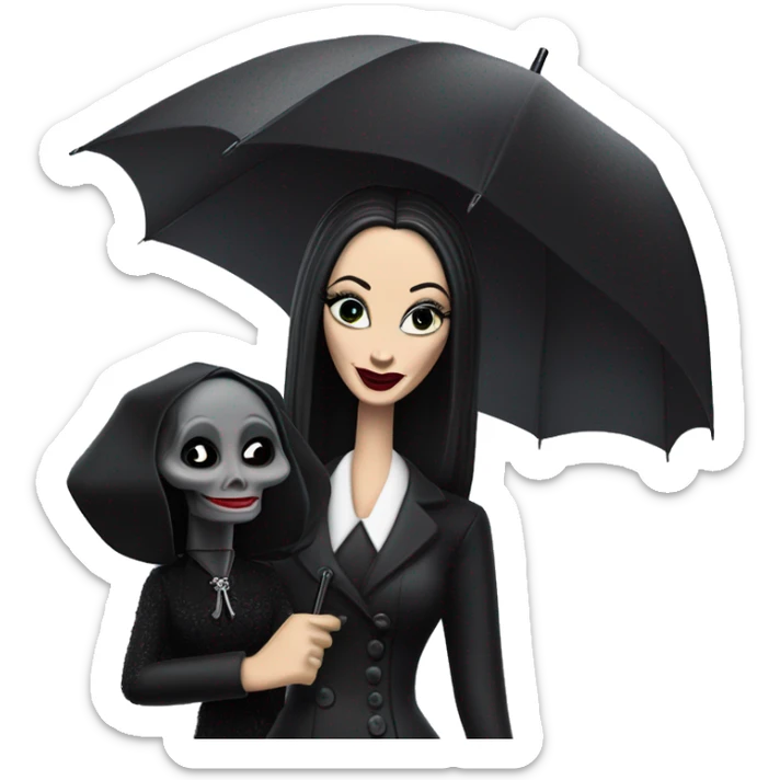 Fun Morticia Addams at a rainy funeral holding umbrella. funeral mask,gloves, small purse.Gal on the Go Barbie  sticker