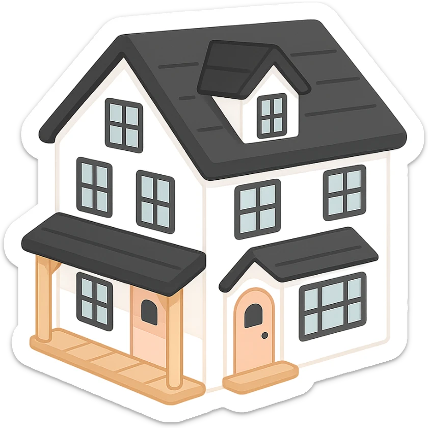 modern farmhouse dollhouse, white with black trim and wooden accents, 3d isometric  sticker