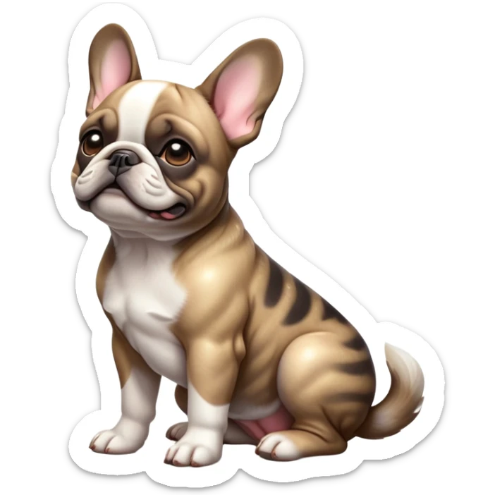 cinematic-[french bulldog]-realistic-full-body-sitting-emoji,-tail-resting-loosely-beside-its-paws,-head-tilted-dramatically,-sleek-[pied brindle]-fur,-simplified-yet-realistic-focused-features,-highly-detailed,-glowing-with-an-almost-sarcastic-glow sticker