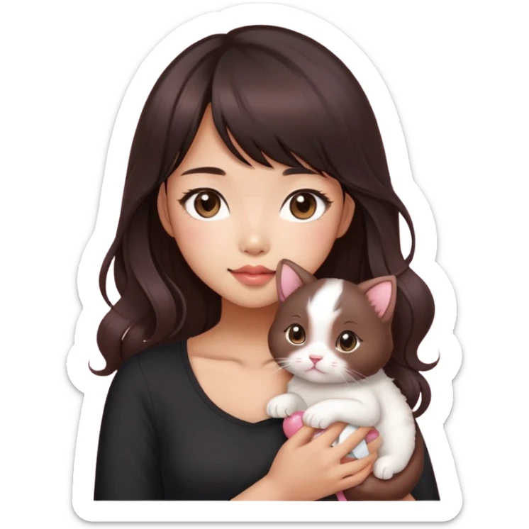 Asain girl with pink blush, wearing a black skinny top, long dark brown curled hair with straight bangs. Carrying a white kitten and a brown sausage puppy.  sticker