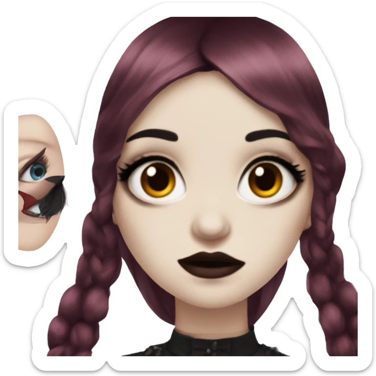 goth girl that has pale white skin and Long Dark Red hair and has dark red fringe bangs and is wearing makeup sticker
