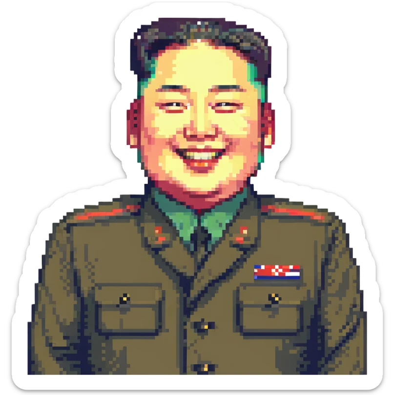 skinny Kim Jong Un, pixel art style, exaggerated smile, vibrant colors sticker