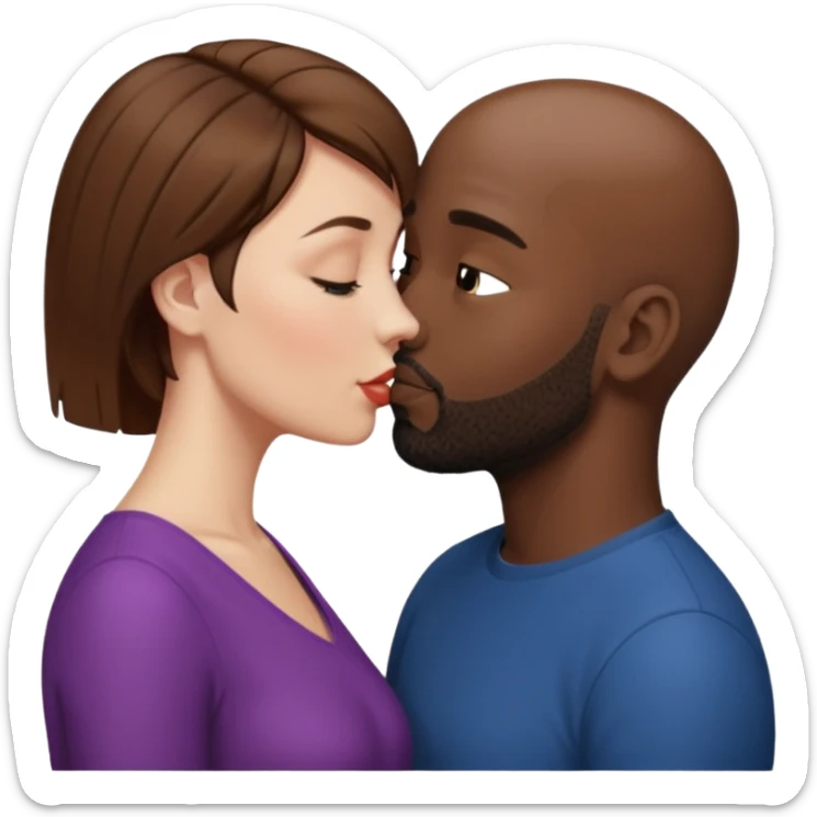 a white woman with short brown hair and a black man with no hair and a beard are facing one each other.  The woman is giving a kiss to the man's forehead sticker