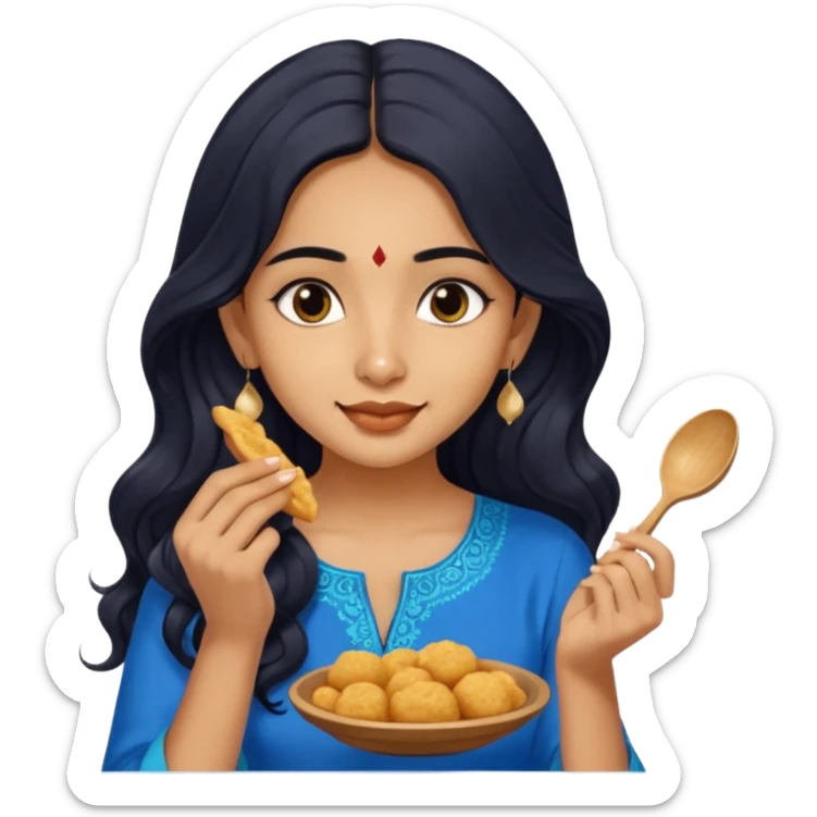 a pretty tan indian bratz girl with wavy long BLACK hair. eyeliner on, wearing a blue kurti, eating golgappa (without spoon) sticker