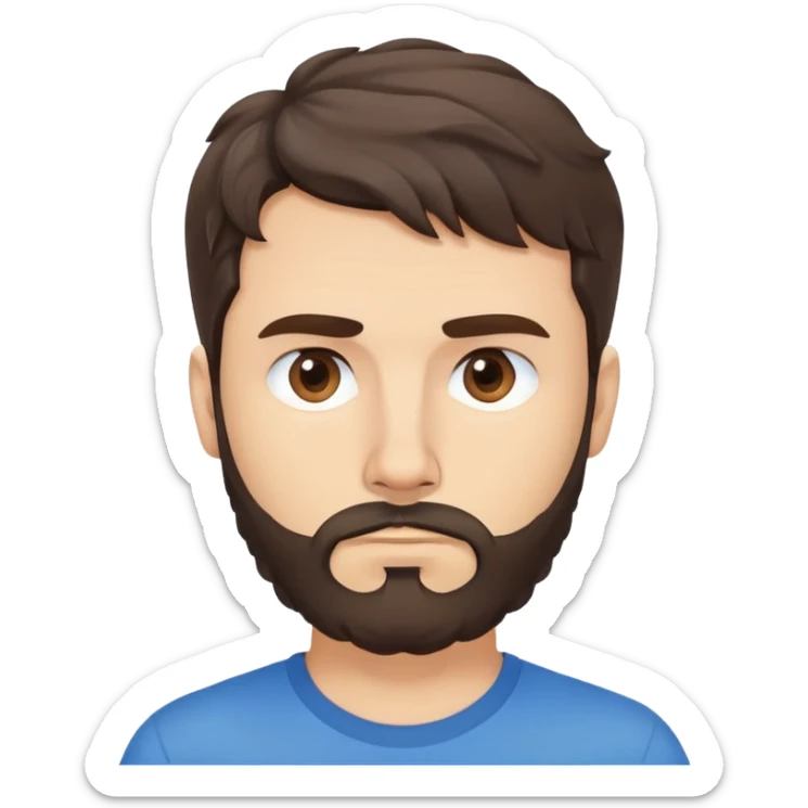 Caucasian Argentine man with wavy dark brown hair, longer loose hairstyle with wavy bangs, short full beard, serious-neutral expression, basic blue t-shirt sticker