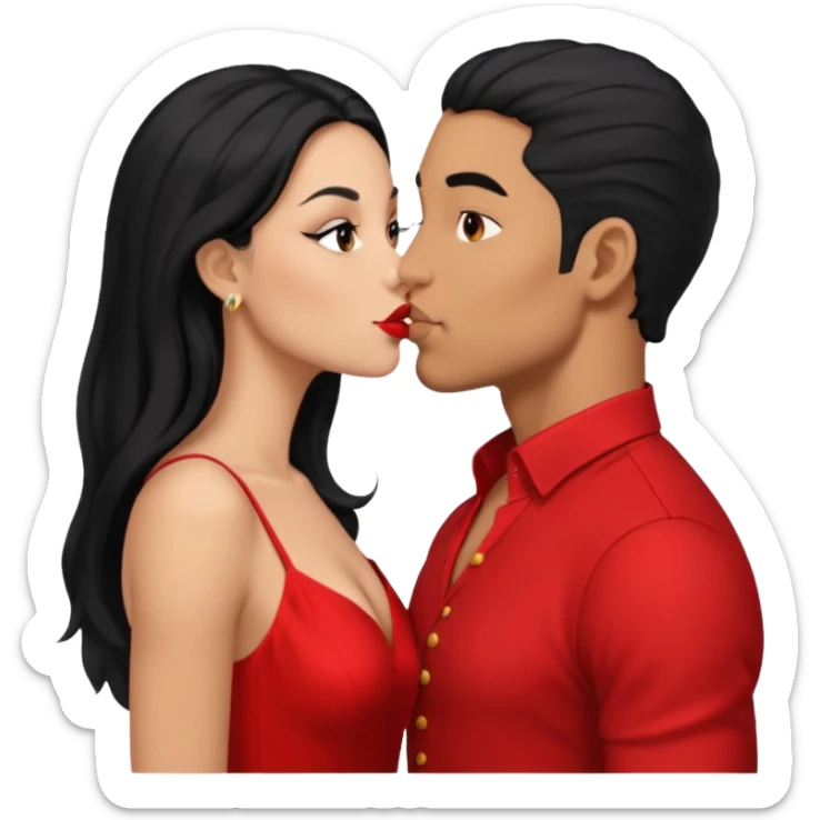 Mulatto bold guy kissing white woman with long black hair and red dress sticker