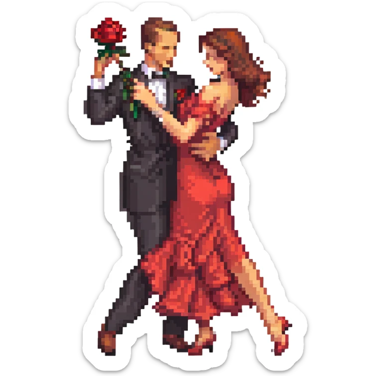 pixel art emoji of a couple dancing tango, man in black suit with red rose, woman in flowing red dress, one leg extended, close embrace, expressive, classic tango style, vibrant colors sticker