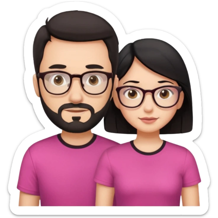 chico con gafas y barba corta moreno al lado una chica pelo negro piel blanca y camiseta rosa ojos marrones sticker