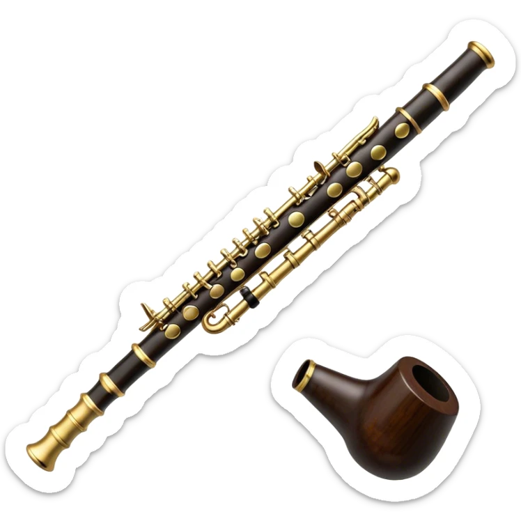 Create an elegant and detailed emoji depicting a black oboe with a cane. The design should showcase the smooth finish of the dark wood oboe with the metal keys clearly visible. A yellow thin bamboo cane should be carefully placed at the top of the instrument, emphasizing its important role in creating sound. Add subtle details such as silver or brass inserts on the keys to emphasize the high quality of the instrument. Use deep black, silver, and wood tones for the oboe to emphasize its refined appearance. The background should be transparent. sticker
