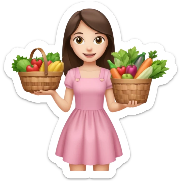 pretty smiling long brunette hair girl hazel eyes wearing light pink dress holding groceries sticker