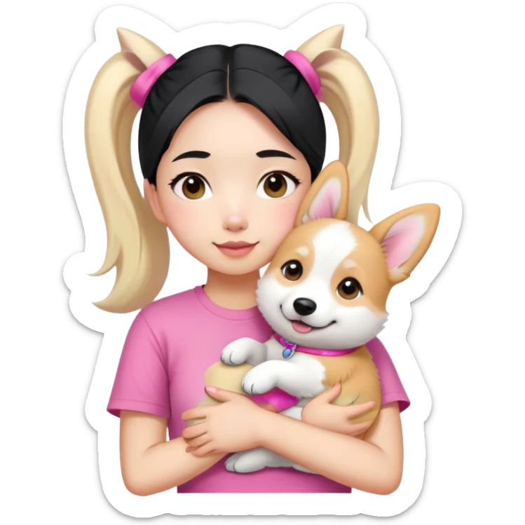 A Chinese girl with a black ponytail  hugs a white corgi wear on her pink t-shirt sticker
