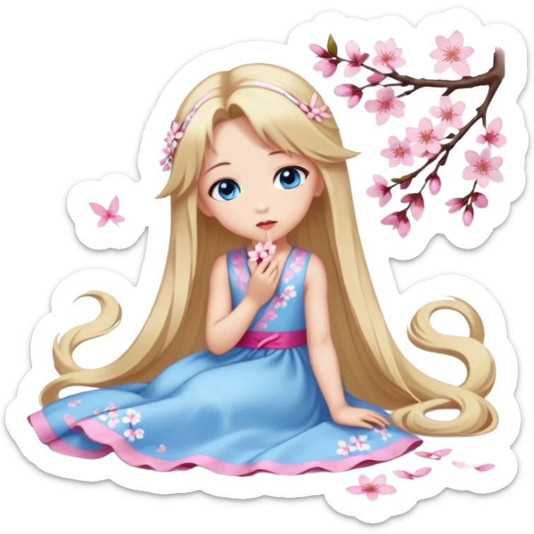 Girl with long blond hair and sakura accessories on her hair with a long tailed sakura dress on the ground and have blue eyes beautiful finish and she sending lovely kisses  sticker