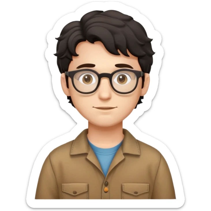 Young caucasian man with black wavy hair, round glasses, wearing brown carpenter outfit with shirt underneath sticker