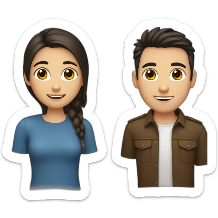 Three friends, one is a girl with long dark hair and blue eyes ,second is a man with short dark hair and slim face with dark brown eyes, third is a dark short hair man with a slight stubble sticker