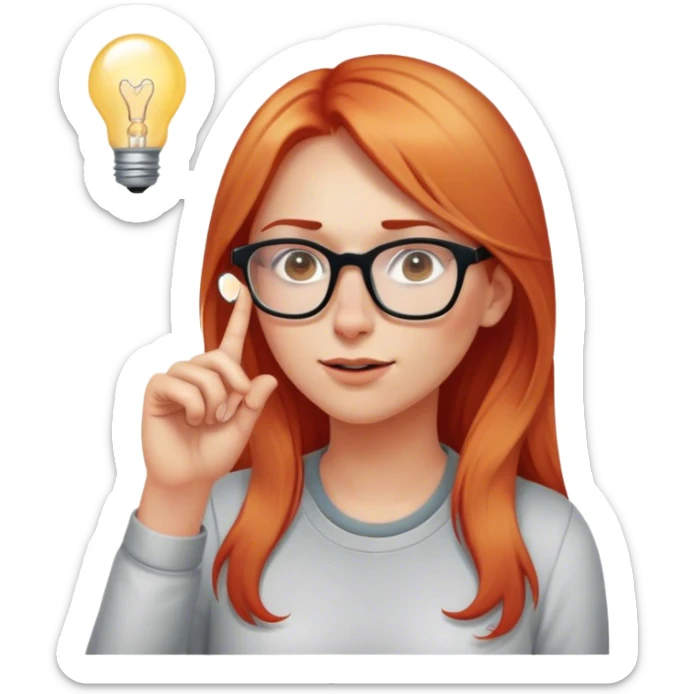 intelligent and clever, 30 year old, girl, long red and almost blond hair, glasses, has an idea, rubs her finger on the nose, light bulb over the head, casual cloth  sticker
