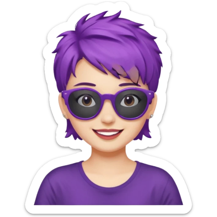 girl with short messy purple hair and sunglasses above head sticker