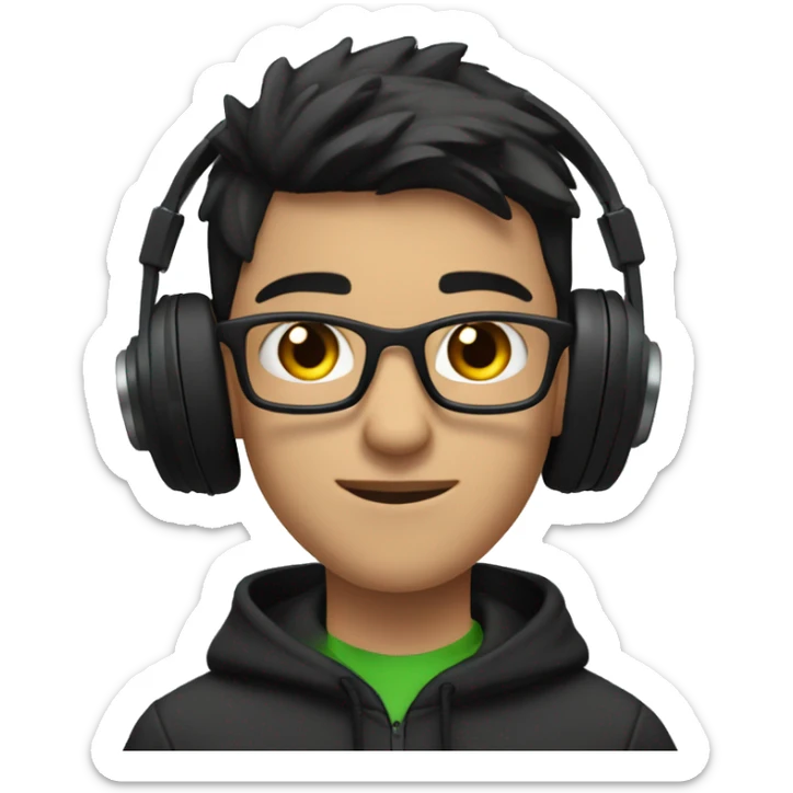 A young man with short dark hair, glasses, and black headphones. He's wearing a dark hoodie and has a focused expression. The background has a frosty white blur effect, with a green plant visible behind him. sticker