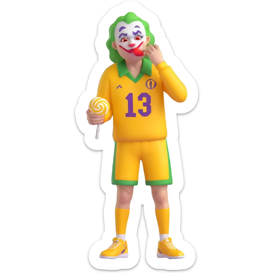 very ugly joker in a yellow sports jersey, with tears streaming down his face, holding and eating a lollipop sticker