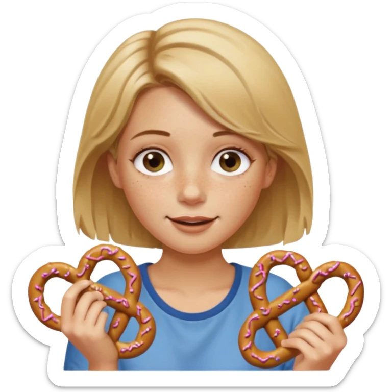 Short, center part, Dirty blond hair, fair skin with freckles,  holding pretzels and winking her eye sticker