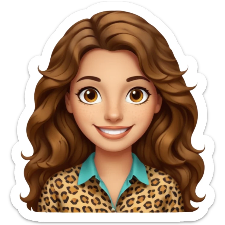 30 yr old italian woman, long brown wavy hair, big brown eyes, huge smile, leapord shirt, no bangs,  sticker