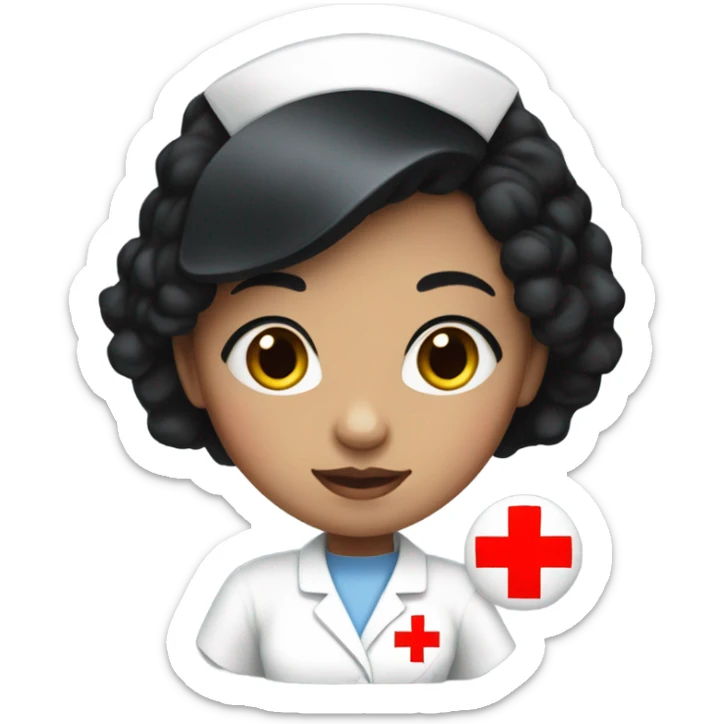 very short black straight hair female nurse with red cross sign hat wearing dress sticker