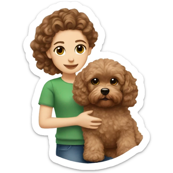 A girl with green eyes and brown hair is holding a brown Maltipoo puppy with curls on its coat sticker