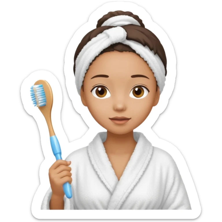 lightskin Women wearing shower robe and their hair with towel holding one brush sticker