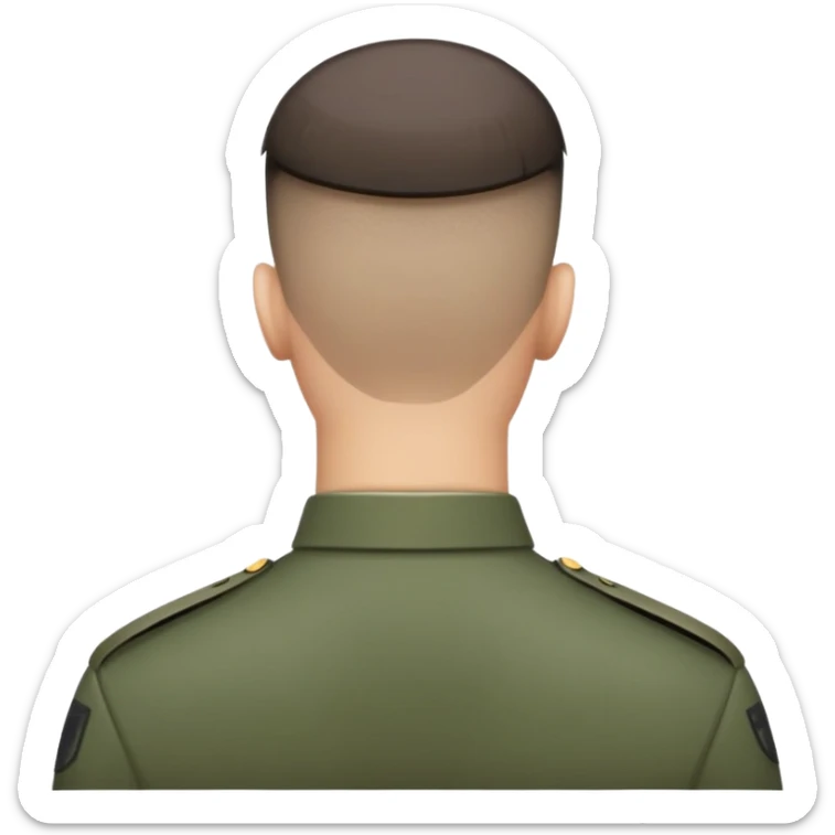 back of a soldier's head with military haircut, showing short hair and neck sticker
