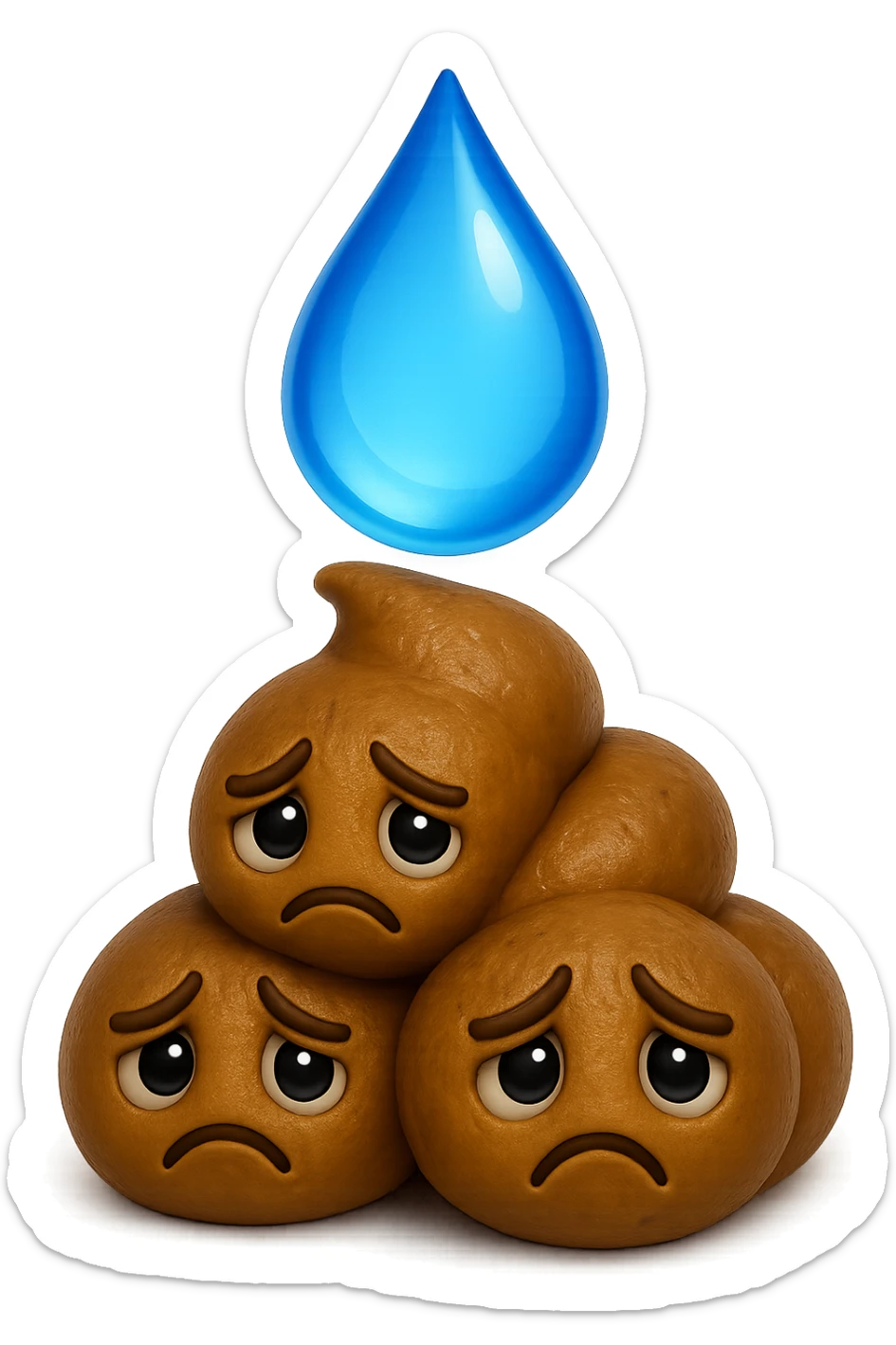 emoji stile iphone di una montagnetta di feci umane realistiche a palline tristi con sopra un simbolo delle gocce di acqua, iperrealistico 4k sticker