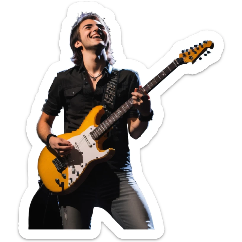 Rockstar musician with a confident smile looking up, electric guitar, stage lights, performing sticker