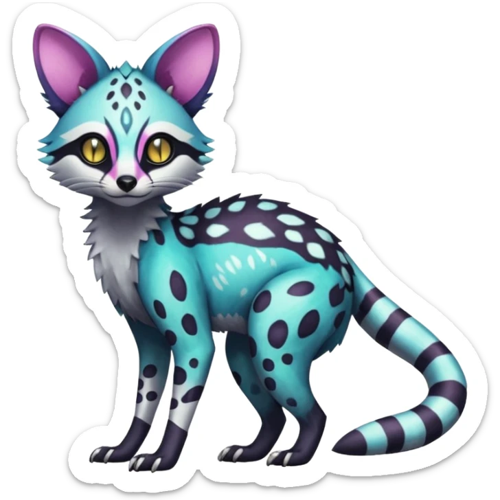 Rare realistic shiny lush exotic cute edgy epic pretty futuristic beautiful handsome gorgeous aesthetic gloomy spooky dark modern colorful vibrant cyber-Genet-Trico-species-Fakemon-hybrid-creature by LiLaiRa, beautiful intricate markings, full body sticker